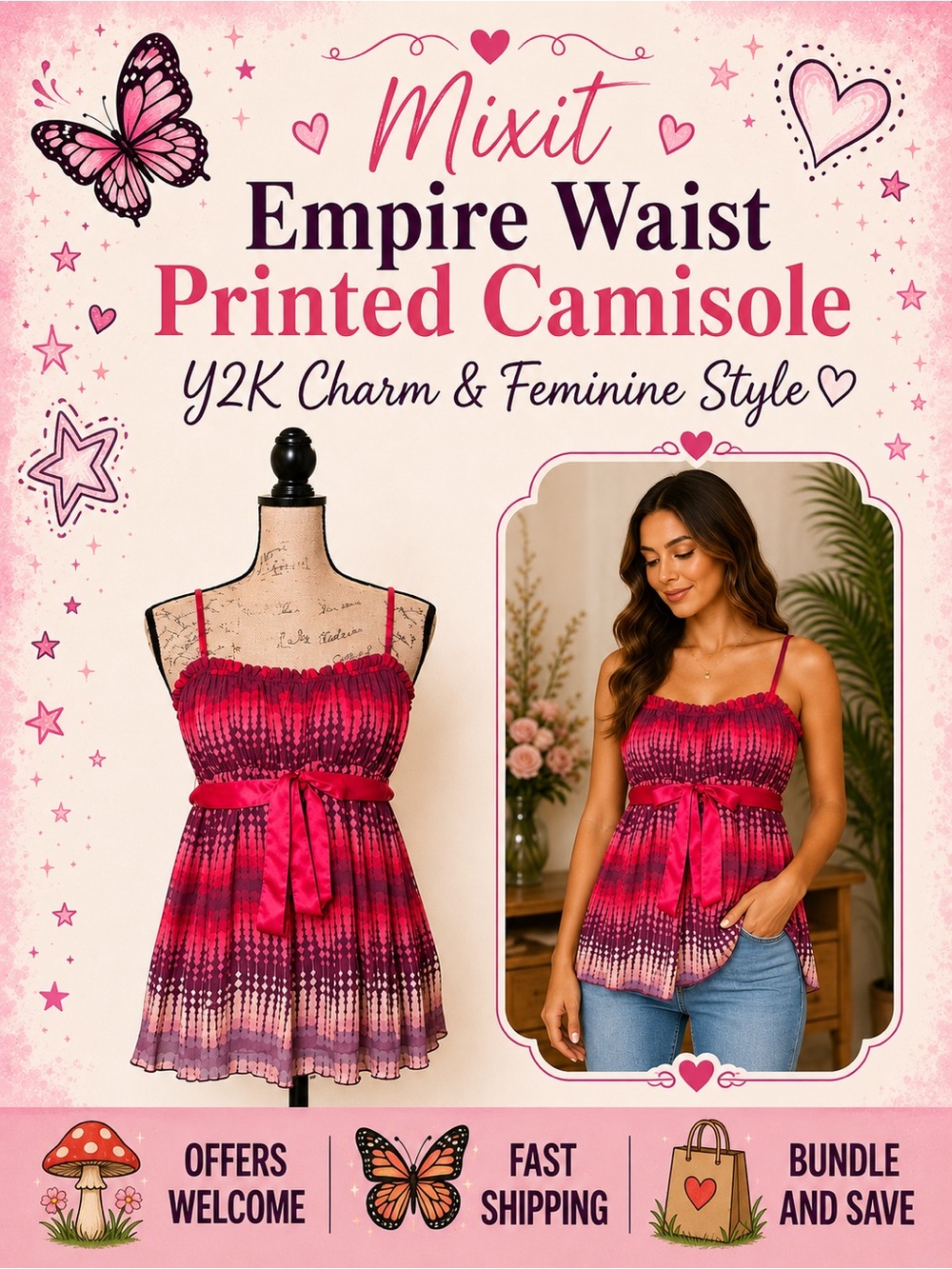 Mixit Y2K Empire Waist Camisole Babydoll Tank Pink Red Ribbon Tie Top XSmall